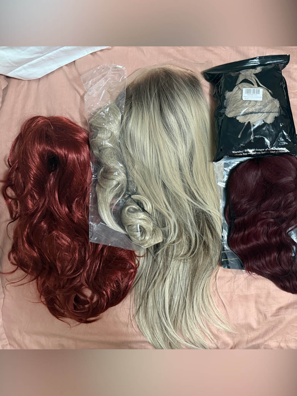 Lot (5) of Women’s Synthetic Long Wigs and extensions - Red, Blonde, Burgundy